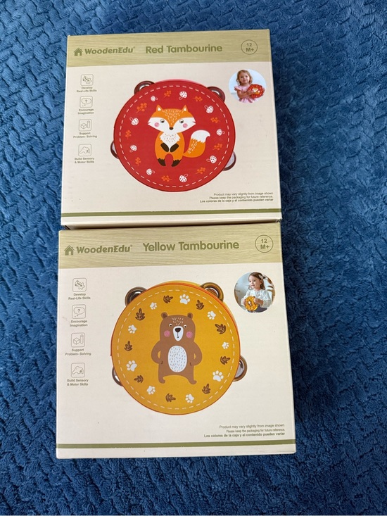 WoodenEdu Other - NIB - WoodenEdu Wooden Tambourine Toy Set (Red Fox & Yellow Bear)